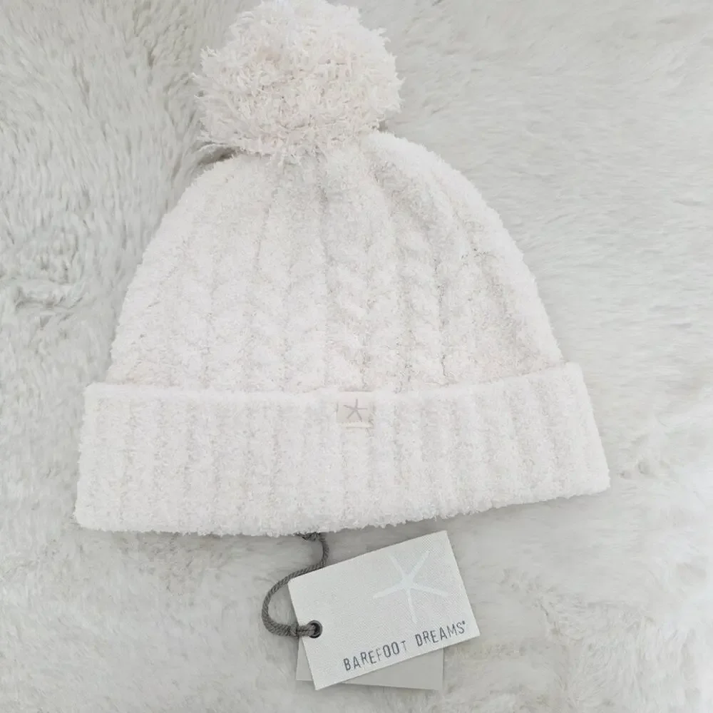 Barefoot Dreams CozyChic Cable Knit Pom Pom Beanie Cream White NWT BDWCC20562 OS